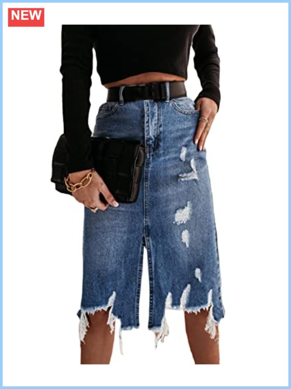 Women's Ripped Distressed Denim Skirt Frayed Raw Hem Knee Length Split Front